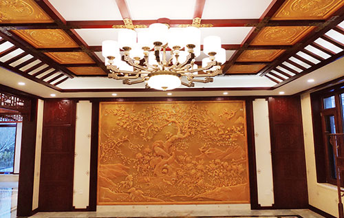 滦县中式别墅客厅中式木作横梁吊顶装饰展示