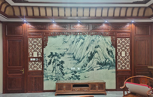 滦县中式仿古别墅客厅背景墙花格木作装饰